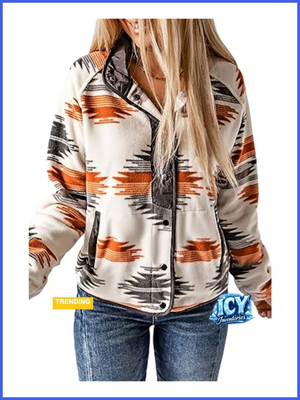 Women's Fleece Jacket Aztec Print Snap Button Up Casual Coat